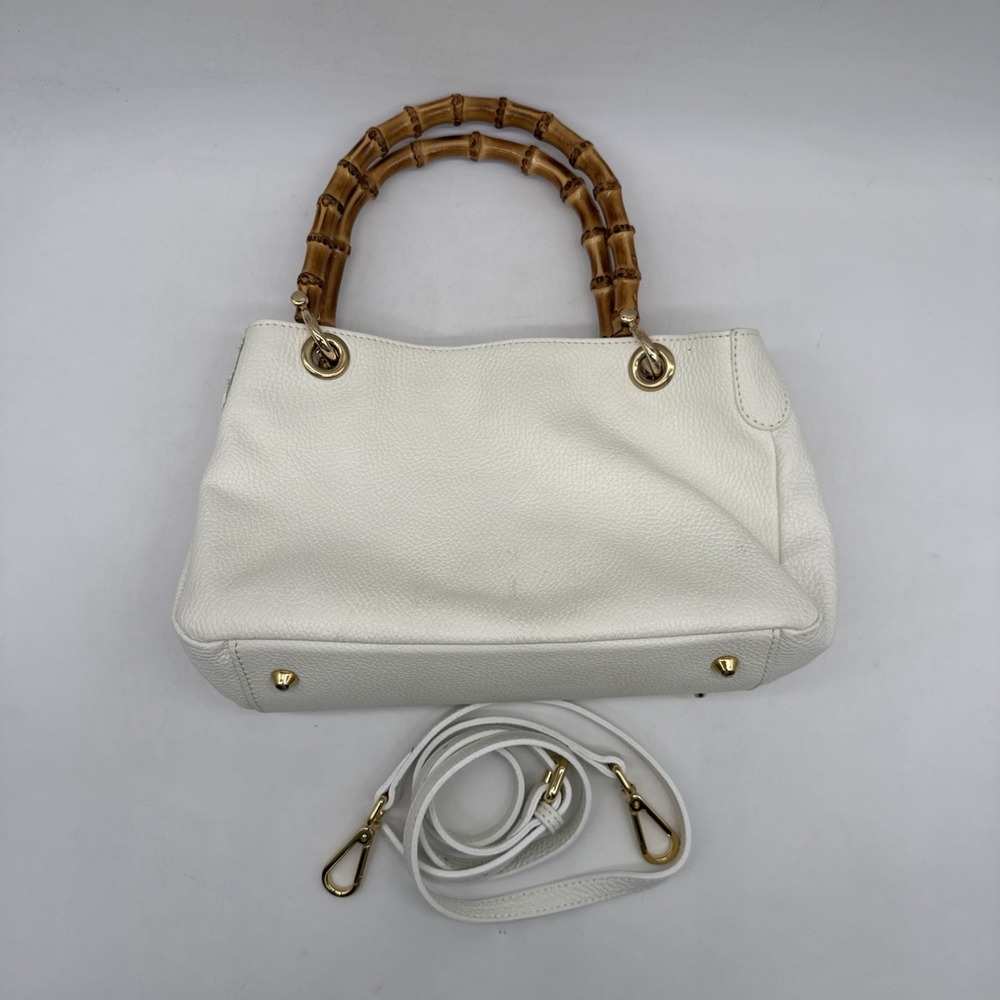 Italian Leather Handbag by Uno Alla Volta Bamboo Handles White Purse